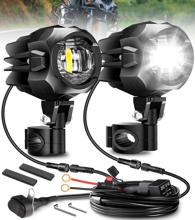 LEDMIRCY Motorcycle Auxiliary Lights, Motorcycle Driving Lights With Switch Wiring Harness Kit Fog Spot Light Waterproof and Shockproof Exploradoras LED Para Moto with Mount Brackets for ATV Snowmobile - Image 1